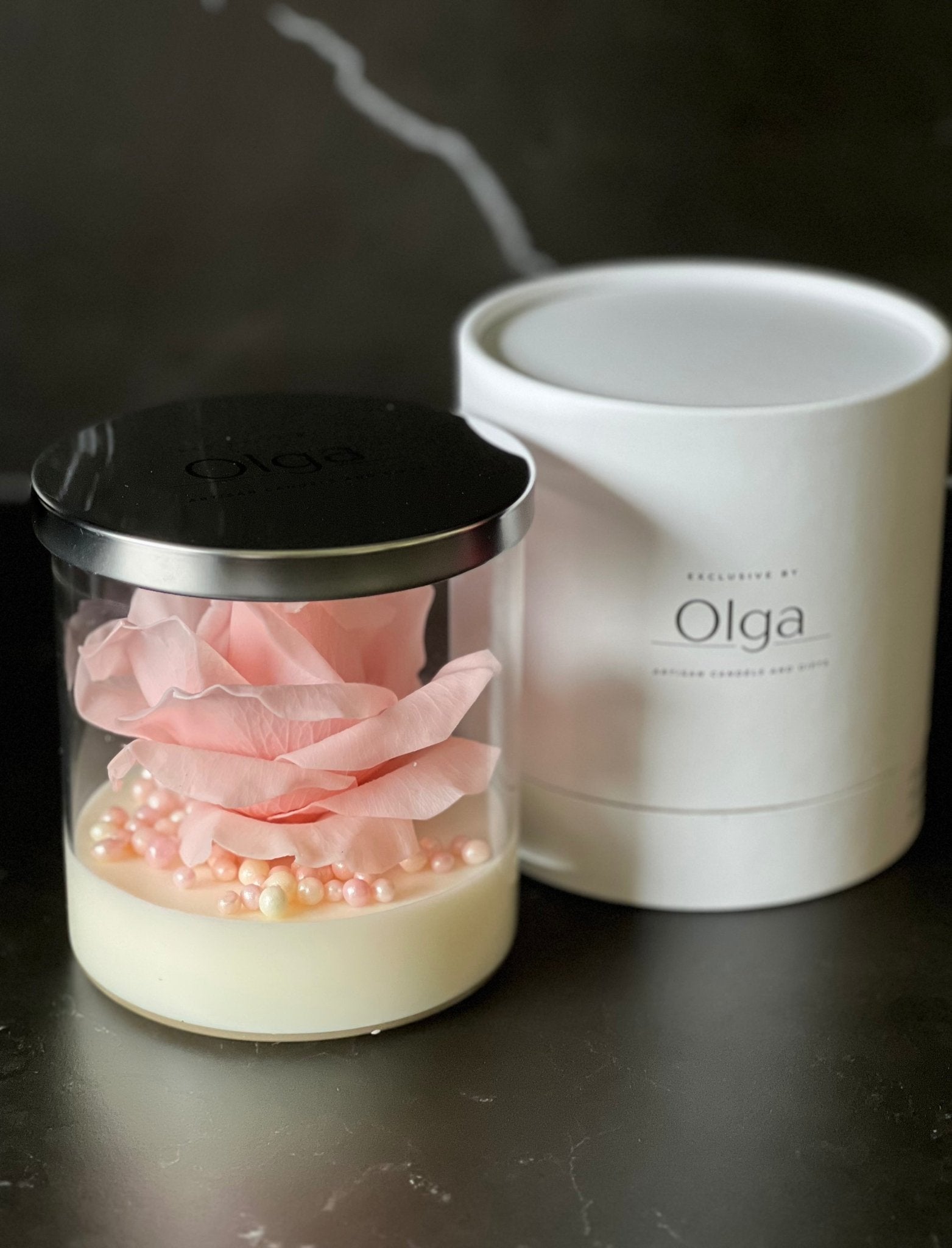 Große Signature Rosen - Kerze im Glass Pink - Exclusive by Olga