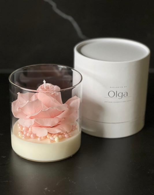 Große Signature Rosen - Kerze im Glass Pink - Exclusive by Olga